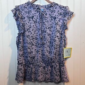 CeCe Women’s Blouse Short Flutter Sleeves Tie Neck Lilac Elastic Waist Large